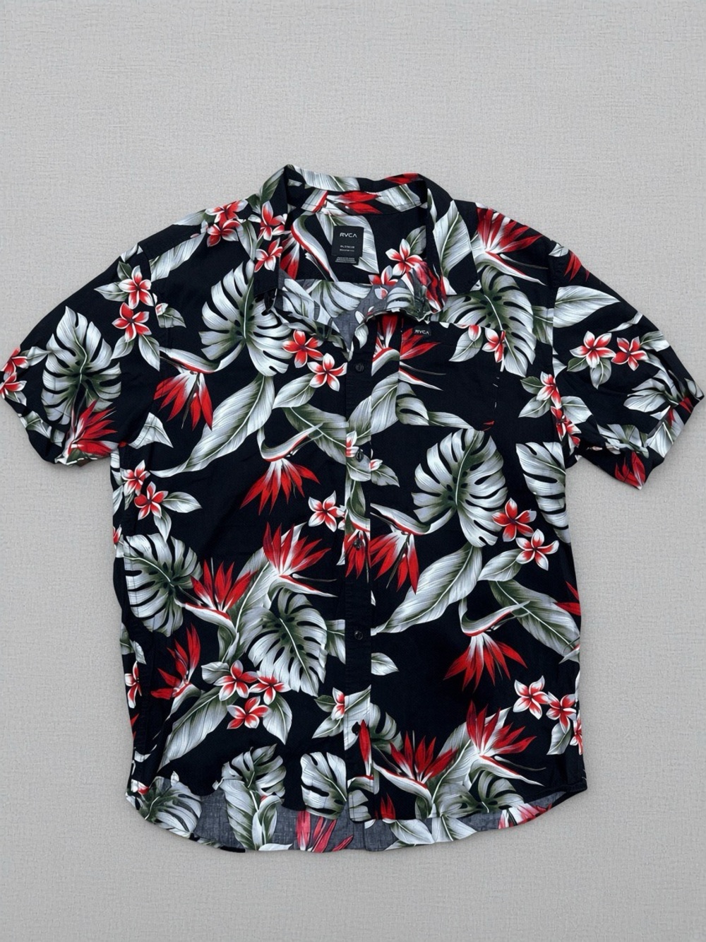 RVCA Black Short-Sleeve Hawaiian Button-Up Shirt with Red & Green Floral Print